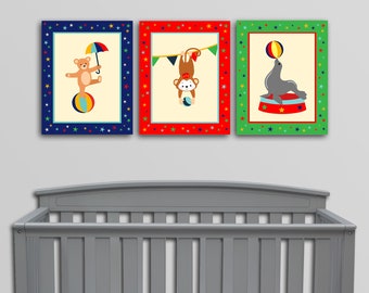 Circus Animal Nursery Art Prints: Seal, Monkey, Bear - Set of 3