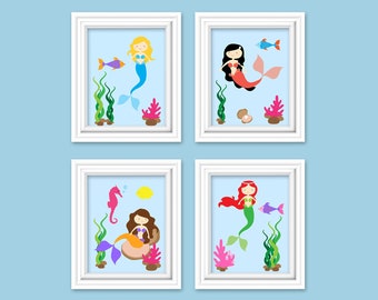 Mermaid Nursery Decor Nautical Girl's Room Decor Under The Sea Nursery Art Prints or Canvas Set of 4 Quad Cute Little Mermaid