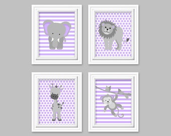 Zoo Nursery Decor, Baby Girl Zoo Decor, Lilac and Grey, Safari Nursery, Jungle Nursery, Elephant Wall Art, Giraffe Nursery, Monkey Nursery