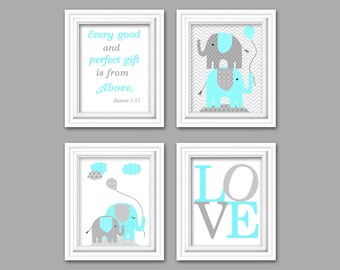 Elephant Nursery Art, Gray and Aqua, Girl's Room Decor, Bible Verse Art, Love, Every Good and Perfect Gift Quote, Baby Room, Shower Gift