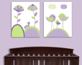 Baby Girl Nursery, Girl's Wall Art, Baby Room Decor, Green and Purple, Flower Nursery Art, Girl's Room Decor, Girl Canvas Decor, Canvas Art