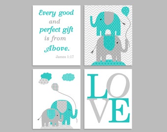 Elephant Nursery Art, Gray Turquoise Teal, Gender Neutral Baby Decor, Bible Verse, Love, Every Good and Perfect Gift Quote, Elephant Canvas