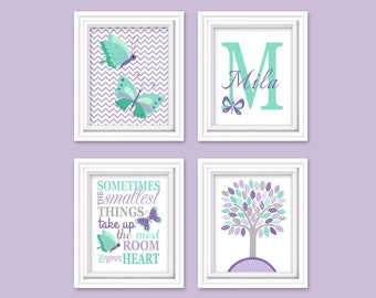 Butterfly Nursery Art, Grey Mint Lilac, Baby Girl Room Decor, Monogram, Tree, Chevron, Lavender, Sometimes The Smallest Things, Canvas, Name