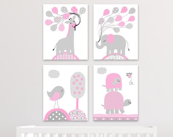 Pink and Grey Nursery, Baby Girl Decor, Girl Nursery Art, Elephant Nursery, Baby Girl Prints, Giraffe Nursery, Girl Wall Decor, Pink Turtles