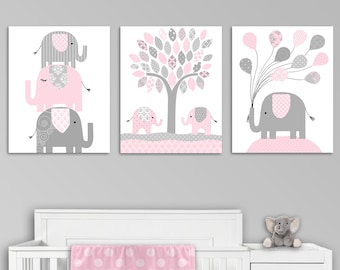 Elephant Nursery Decor, Elephant Wall Art, Grey and Pink, Girl Nursery Decor, Elephant Canvas Available, Girl Bedroom, Elephant Pictures