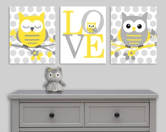 Owl Nursery Decor Prints, Grey and Yellow, Set of 3