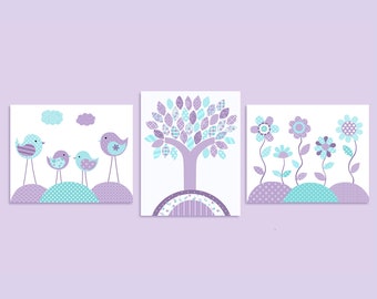 Bird Nursery Decor, Aqua and Purple Nursery, Baby Girl Art Prints, Set of 3 prints, Girl's Room Decor, Flower Nursery Print, Nursery Canvas