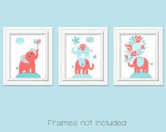 Aqua & Coral Elephant Nursery Prints: Baby Girl Room Decor, Set of 3