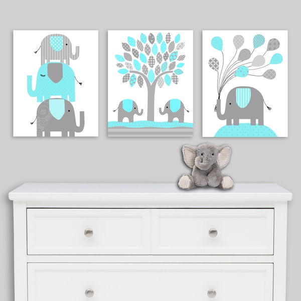 Elephant Nursery, Nursery Decor, Aqua and Gray, Gender Neutral Baby Room Decor, Elephant Baby Decor, Canvas Nursery Art, Elephant Canvas