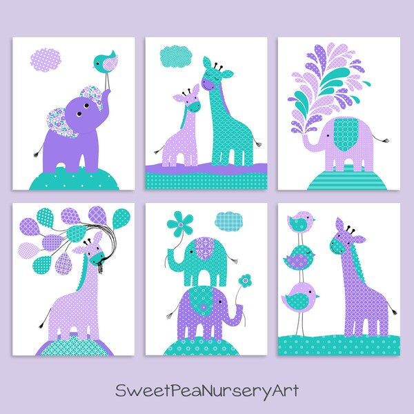 Giraffe Nursery Art Prints, Elephant Nursery Art, Jungle Nursery, Zoo Nursery, Safari Nursery, Baby Room Decor, Canvas, Set of 6 Prints