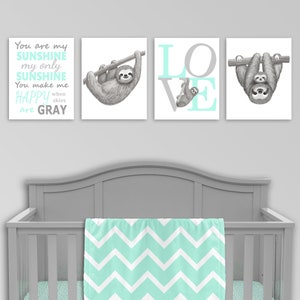 Sloth Nursery Wall Art, Mint and Grey, You Are My Sunshine, Love Print, Sloth Baby Decor, Set of 4 Prints, Sloth Pictures, Gender Neutral