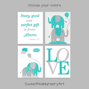 Elephant Nursery Art, Gray Turquoise Teal, Gender Neutral Baby Decor, Bible Verse, Love, Every Good and Perfect Gift Quote, Elephant Canvas image 1