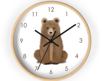 Reloj de pared de oso / Decoración de pared del bosque del noroeste / Accesorio de vivero de osos / Yellowstone / Reloj de garrapatas silencioso / Elija manos y colores de marco