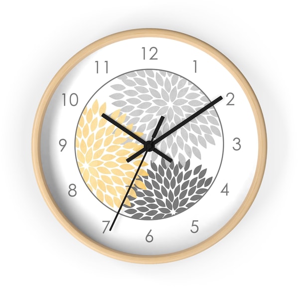Gray and Yellow Dahlia Wall Clock | Round Kitchen Clock | Quiet Tick Clock | Choose Frame Color