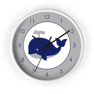 Whale Nursery Clock, Grey and Navy Nautical Nursery Clock, Quiet Tick Nursery Wall Clock, Choose Frame Color