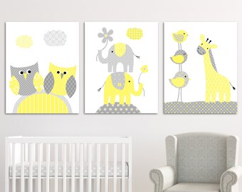 Gray and Yellow Nursery Art Prints: Elephant, Giraffe, Owl Decor