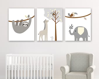 Jungle Nursery Wall Decor, Sloth Baby Decor, Elephant Giraffe, Set of 3 Prints, Gender Neutral Nursery Art, Jungle Animal Nursery Pictures