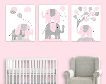 Elephant Nursery Art, Grey and Pale Pink, Girl's Room Decor, Balloons, Chevron, Children, Toddler, Canvas Nursery Decor, Jungle Room Decor