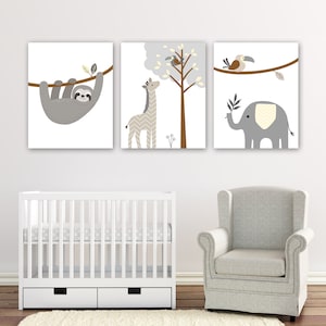 Jungle Nursery Wall Decor, Sloth Baby Decor, Elephant Giraffe, Set of 3 Prints, Gender Neutral Nursery Art, Jungle Animal Nursery Pictures