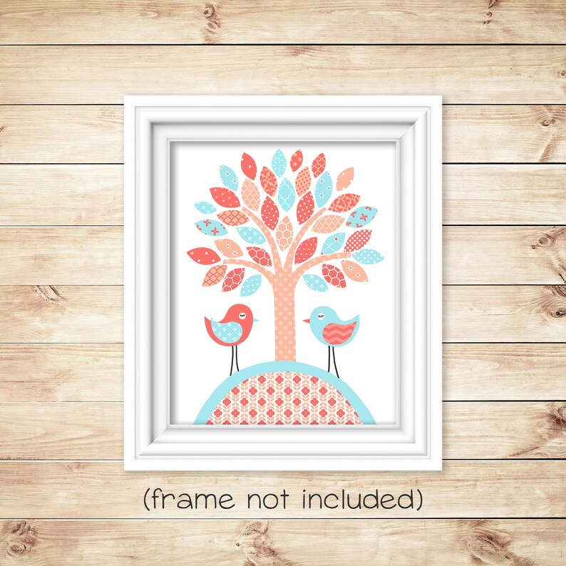 Tree Nursery Art Print Birds Aqua Coral Peach Girl S Room Decor Baby Wall Art Print Paper Or Canvas Nursery Bird Art Decor Baby Shower Gift