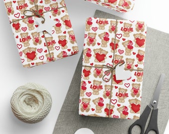 Teddy Bear Kids Valentine's Day Wrapping Paper, Cute Bear Valentine Gift Wrap, 3 Sizes, Matte or Glossy, Valentine's Bear Gift Wrap for Kids
