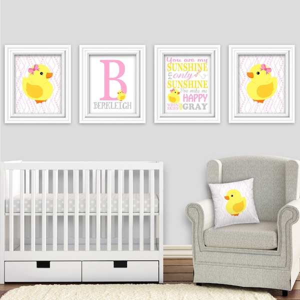 Duck Nursery Decor, Baby Girl Ducky Nursery Art Prints, Duckling Wall Decor, Pink Duck Nursery Wall Art, Set of 4 Prints, Duck Canvas Decor