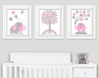 Elephant Nursery Art, Elephant Decor, Baby Girl, Baby Boy Prints, Baby Art Prints, Grey and Pink, Choose your Colors, Elephant Canvas Decor