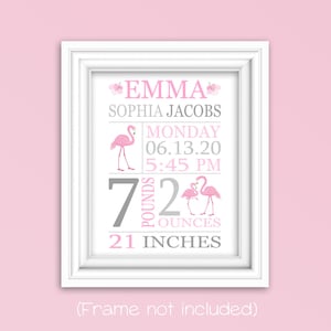 Flamingo Birth Stats Print, Custom Baby Gift, Baby Name Art, Personalized Baby Gift, Tropical Birth Announcement, Baptism Gift, Christening