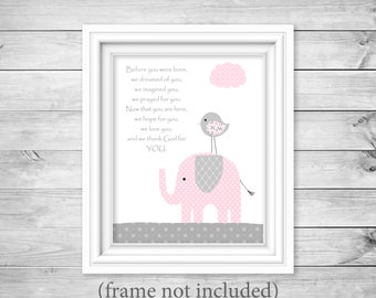 Before You Were Born Nursery Quote, Grey and Pale Pink, Elephant Nursery, Girl's Room Decor, Baby Girl, New Baby Gift, Elephant Canvas Art