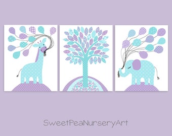 Aqua and Purple Nursery Decor, Nursery Wall Art, Zoo Nursery Decor, Giraffe Print, Elephant Wall Decor, Baby Girl Wall Hanging, Zoo Canvas