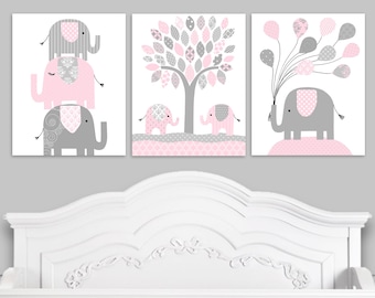 Elephant Nursery Decor, Pale Pink and Grey, Girl's Room Decor, Balloons, Baby Girl Nursery Art, Elephant Canvas Art, Nursery Canvas Decor