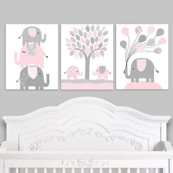 Elephant Nursery Decor, Pale Pink and Grey, Girl's Room Decor, Balloons, Baby Girl Nursery Art, Elephant Canvas Art, Nursery Canvas Decor