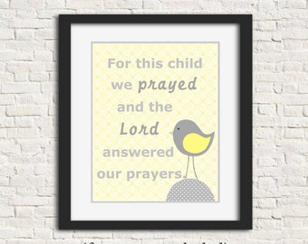 For This Child We Prayed, Bible Verse Nursery Art, Grey and Lemon Yellow, Bird Nursery Decor, Baby Room Decor, Gender Neutral, Bird Canvas