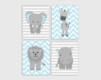 Zoo Nursery Decor, Grey and Blue Nursery, Boy Zoo Nursery, Elephant Nursery, Safari Nursery, Jungle Decor, Hippo, Giraffe, Zoo Canvas Art