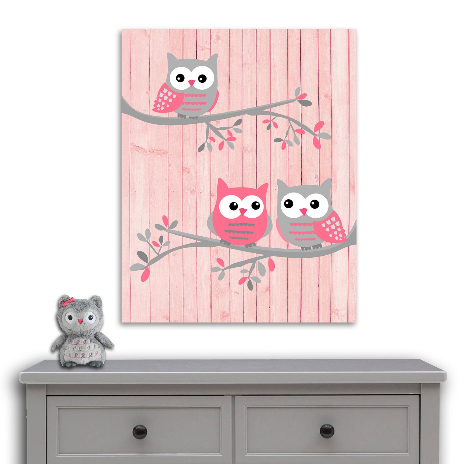 Owl Nursery Wall Decor for Baby Girl Pink and Grey Owls Baby | Etsy