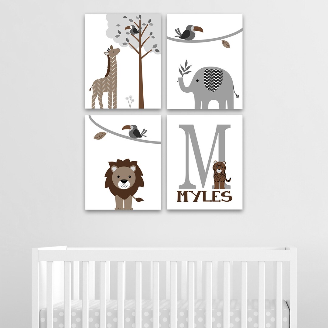 Jungle Nursery Decor, Jungle Animal Canvas Prints, Elephant Lion