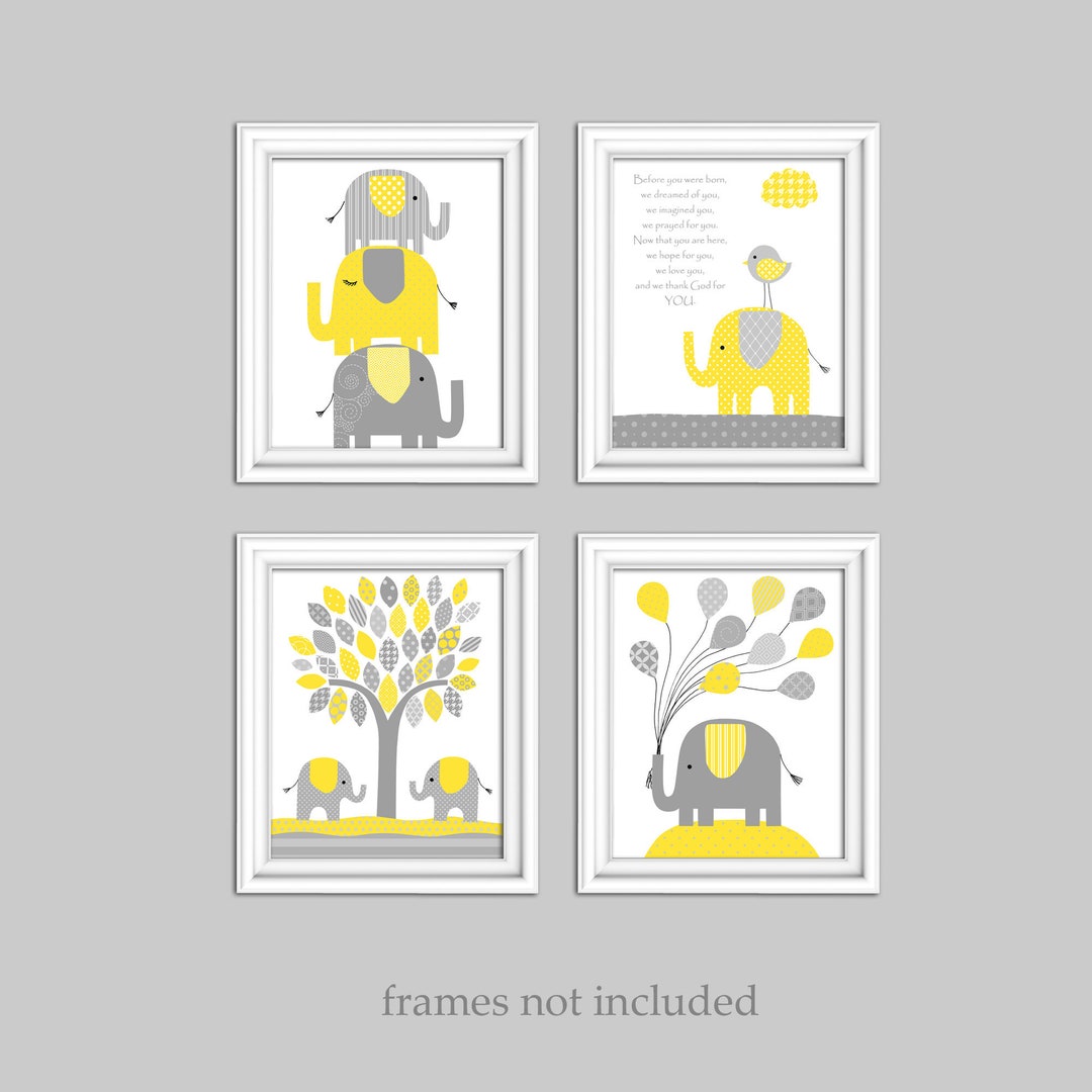 Gray and Yellow Elephant Nursery Decor Elephant Baby Prints Etsy