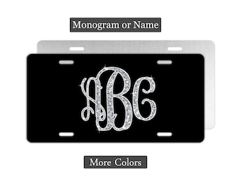 Faux Glitter Monogram on Black License Plate, Custom Novelty Plate, Front Car Plate, Aluminum License Plate, Decorative Car Tag Vanity Plate