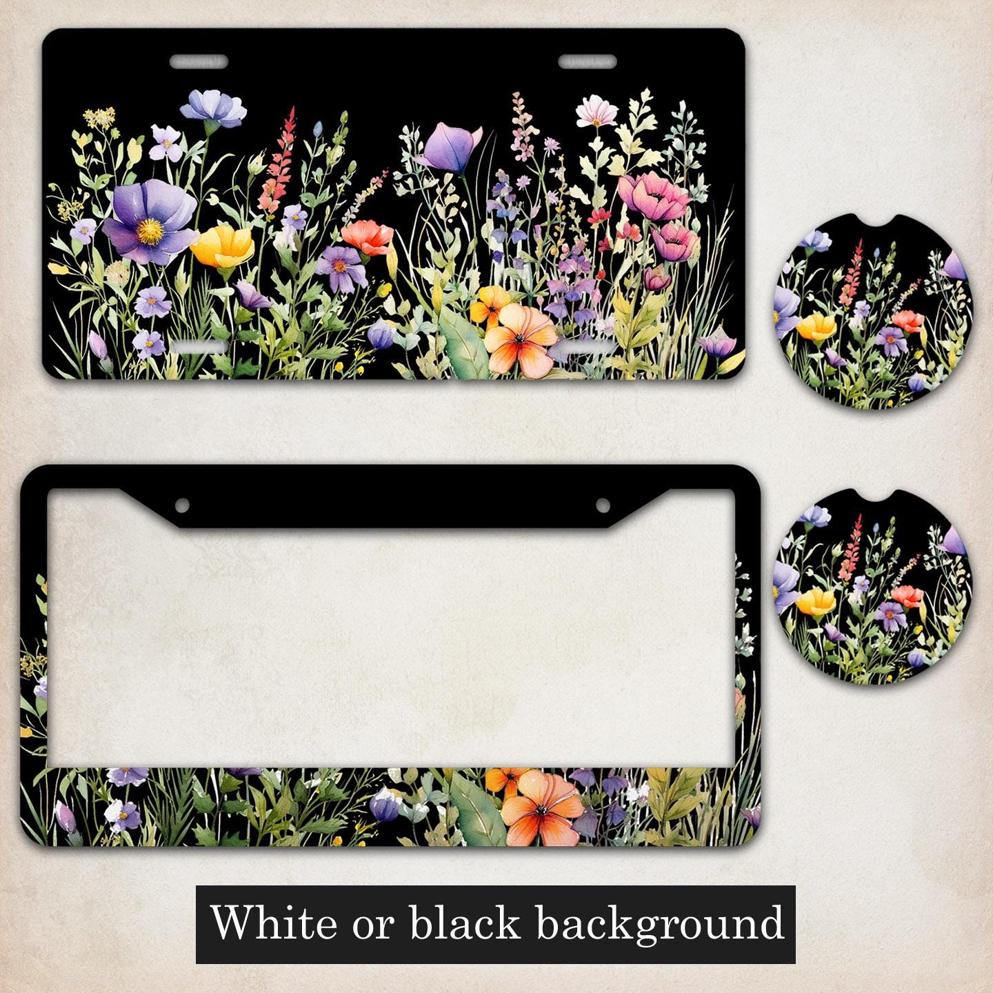Wildflowers License Plate, Wildflowers Car Tag, Floral License Plate Frame, Flower Car Coasters, Wildflower Car Accessories, Gift for Her
