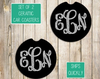 Faux Glitter Monogram Ceramic Car Coasters, Set of 2, Glossy Finish, Personalized Coasters, Stocking Stuffer, New Driver Gift