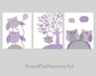 Owl Nursery Art, Gray and Purple, Woodland Nursery, Owl Prints, Baby Girl Decor, Baby Shower Gift, Owl Canvas Art, Purple Owl Prints, Canvas