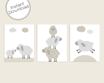 Printable Lamb Nursery Art, Set of 3 Digital Files, Instant Download, Beige and Gray, Sheep Nursery Wall Art Prints