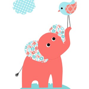 Aqua Blue and Coral Elephant Nursery Prints Set of 3 Girl's Room Decor Baby Shower Gift Baby Girl Bird Playroom Decor Canvas Nursery Art image 2