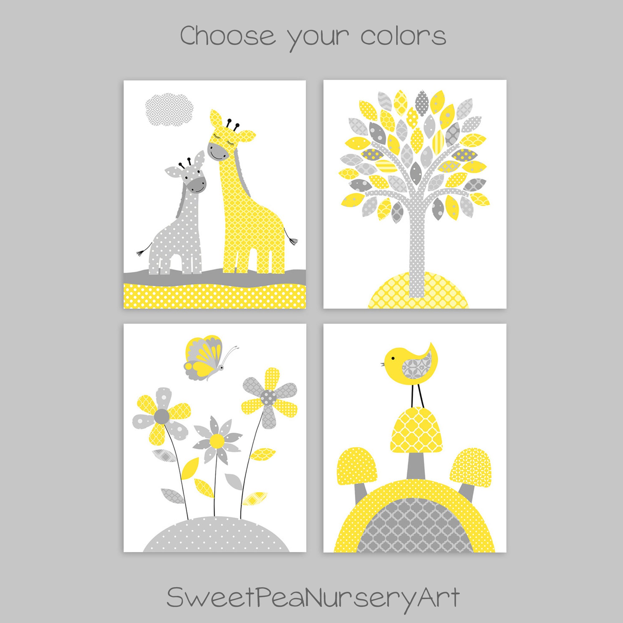 Grey and Yellow Nursery Wall Art Nursery Art Print Giraffe Etsy