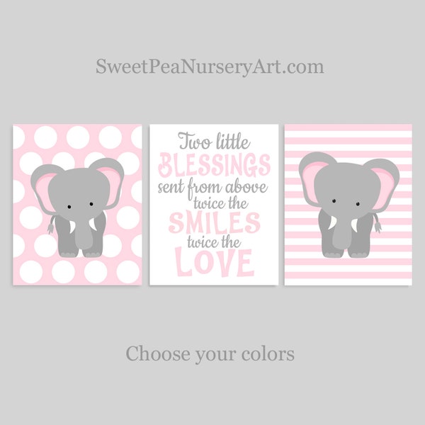 Twin Nursery Decor, Elephant Twin Decor, Twin Girl Wall Art, Two Little Blessings, Twin Baby Gift, Twin Wall Art, Zoo Twin Room, Sibling Art