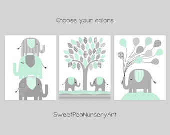 Elephant Nursery, Nursery Wall Art, Elephant Wall Art, Elephant Baby Decor, Zoo Nursery Art, Grey and Mint, Gender Neutral, Canvas Wall Art