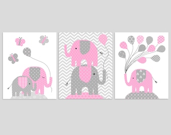 Elephant Nursery Art, Pink and Grey, Butterflies, Girl's Room Decor, Baby Shower Gift, Zoo Nursery Art, Safari, Jungle, Nursery Canvas Art