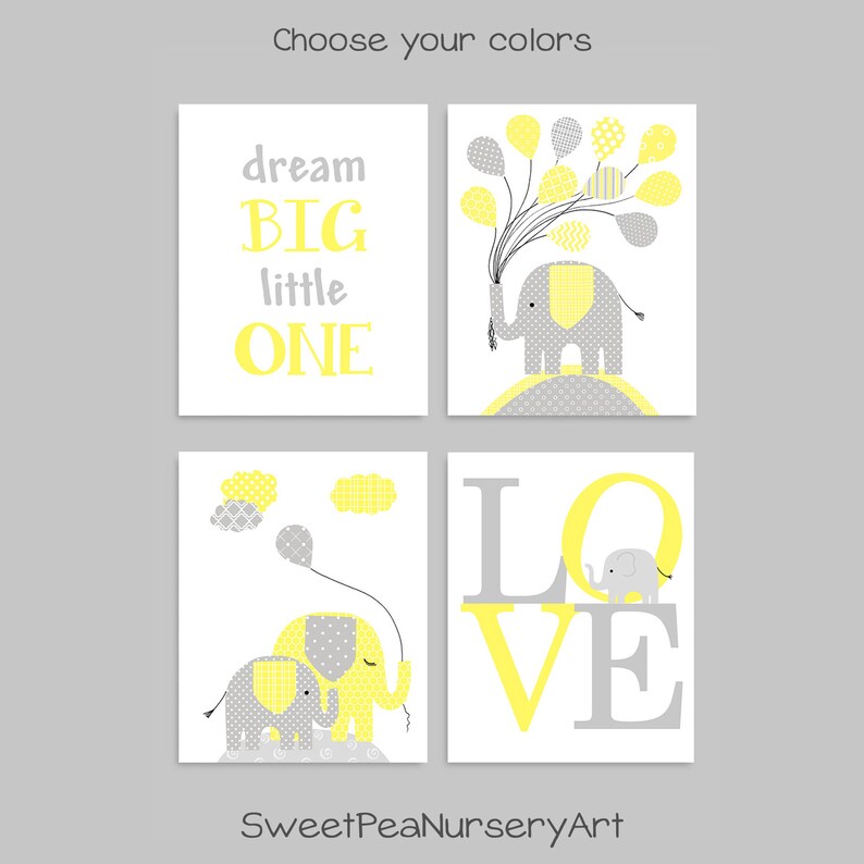 Dream Big Little One Elephant Nursery Art Grey and Yellow ...