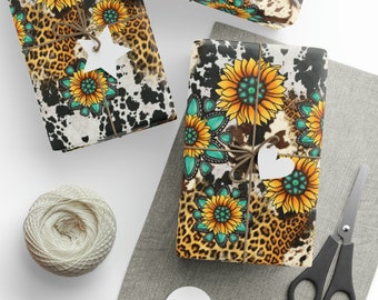 Sunflower Gift Wrap, Any Occasion Wrapping Paper, Sunflowers Cow Leopard Turquoise Gift Wrap Roll, Country, 3 Sizes, Glossy or Matte Finish