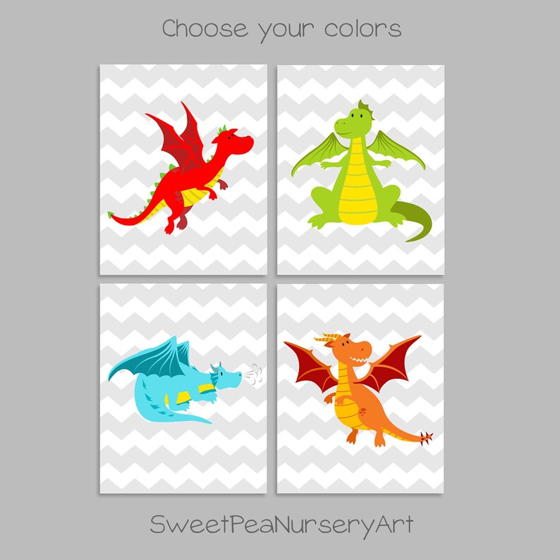 May include: Four colorful dragon art prints. Each dragon is a different color: red, green, blue, and orange. The dragons are on a white and gray chevron background. The text "Choose your colors" and "Sweet Pea Nursery Art" are visible.